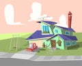 Blue cartoon house. llustration of a cartoon country house in spring or summer season