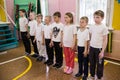 Lesson of physical education of children of elementary grades in Royalty Free Stock Photo