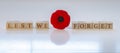 Lest we forget, text on wood blocks with a poppy flower. Concept: Remembrance Day