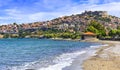 Impressive Molyvos town,view with sea,houses and castle,Lesvos island,Greece. Royalty Free Stock Photo