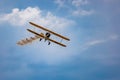 Antidotum Airshow Leszno 2023 and acrobatic shows of yellow Boeing Stearman plane on a blue cloudy