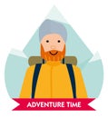 Let the adventure begin. Happy mountaineer in anticipation of adventure. Design element for poster, card. Vector