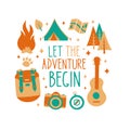 Let the adventure begin inscription card, t-shirt