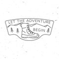 Let the adventure begin. Sammer camp line art badge. For patch, stamp. Vector illustration. Concept for shirt or logo Royalty Free Stock Photo