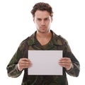 Let him convey your message. a young man in military fatigues.