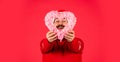 Let me Melt Your Heart. Welcome Christmas into your heart. Handsome man love winter holidays red background. Guy wear