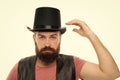 Let me show some magic. Man bearded hipster cylinder hat. Illusionist performance concept. Magician sorcerer genie Royalty Free Stock Photo