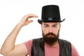 Let me show some magic. Man bearded hipster cylinder hat. Illusionist performance concept. Magician sorcerer genie Royalty Free Stock Photo