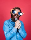 Let music flow in your heart. performer having fun. mature bearded man in funny party glasses sing song. brutal male Royalty Free Stock Photo