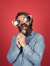 Let music flow in your heart. performer having fun. mature bearded man in funny party glasses sing song. brutal male Royalty Free Stock Photo