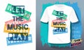 Let the music play lettering slogan retro sketch style musical instruments piano for t shirt design Royalty Free Stock Photo