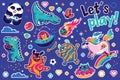 Let is play with cosmic guys, dino and unicorns sticker set. Vector illustration Royalty Free Stock Photo