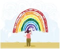 Let`s all be well. Child draws a rainbow. Cute girl painting and drawings on the wall. Template for web design, Children Royalty Free Stock Photo