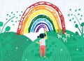 Let`s all be well. Cute little toddler girl with pencil painting and drawings a rainbow on the sky. The Rainbow as a