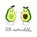 Let`s avocuddle lettering card with kawaii avocado characters isolated on white background. Cute avocado hugs inspirational vecto Royalty Free Stock Photo