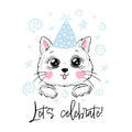 Let's celebrate with cute cat. For kids holiday design, postcard, party invitation, banner, poster. Modern Royalty Free Stock Photo