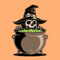 SKELETON WITCH PREPARING A POTION IN A CAULDRON COLOR