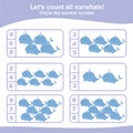 Counting all narwhals game for Preschool Children. Educational printable math worksheet. Additional math game for kids.