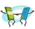 Let`s dance! Money character and credit card character dancing. Joyful meeting