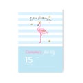 Let\'s flamingle. Summer party invitation template. A pink flamingo, glitters and stars