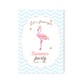 Let\'s flamingle. Summer party invitation template. A pink flamingo, glitters and stars