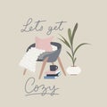 Let`s get cozy Inspirational card in hygge style with books, tea or coffee mug, plant, armchair, pillow and blanket in