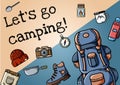 Lets go camping poster. Set of flat style icons arranger on a banner. Hiking motivation Royalty Free Stock Photo