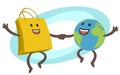 Let`s go shopping! Planet Earth Character and Shopping Bag Character dancing. Joyful meeting. Sweet couple jumps holding hands Royalty Free Stock Photo