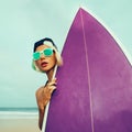 Let's go surf. Girl with surf board on the beach