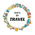 Let's go travel. Hand drawn travel concept. Cute postcard. Adven