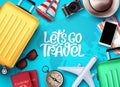 Let`s go travel vector background design. Let`s go travel text in empty space with travel vacation and tour elements Royalty Free Stock Photo