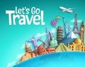 Let`s go travel vector banner background design with world famous travel destination