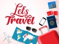 Let`s go travel vector banner design. Let`s go travel text in white space for messages with travelling elements. Royalty Free Stock Photo