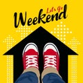 Let`s GO Weekend - Top view Wear Red Sneakers on black arrow and yellow background vector art design