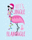 Let\'s jingle and flamingle - funny slogan with flamingo in Santa hat and Christmas lights garland.