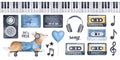 `Let`s Music` illustration pack with funny corgi dog character in earphones, various musical and celebration signs.