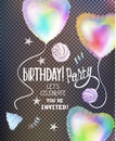 Birthday party banner with colrful heartshape ait balloons cup cakes.