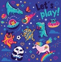 Let`s play. Fantastic animals collection in vector. Cosmic aliens, dinosaurs, cool unicorn, panda gamer