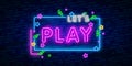 Let`s Play neon sign, bright signboard, light banner. Game logo, emblem and label. Neon sign creator. Neon text edit Royalty Free Stock Photo