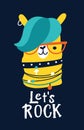 Let's rock. Postcard with lama. Vector cartoon character. Illustration on a dark background for children in the
