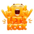 Let`s rock web sticker. Yellow emoji cartoon character. Emoticon smile face