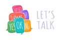 Let`s talk Set of colorful different speech bubble in doodle style with text ok, hello, yes, no, omg, love, bff inside Royalty Free Stock Photo