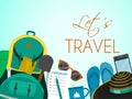 Let s travel tourist backpack poster, banner vector illustration. Tourist accessories such as glasses, cup, hat, shovel Royalty Free Stock Photo