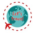 Let`s travel vector drawing with the plane flies around the globe.