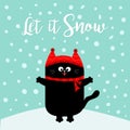 Let it snow. Black Cat kitten. Red hat, scarf. Cute funny cartoon character on snowdrift. Merry Christmas. Flat design. Blue winte
