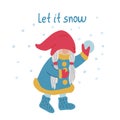 Let it snow. Card with a girl gnome playing snowballs