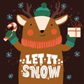 Let it snow. Deer in a hat and scarf with a gift in hand. Xmas card. Merry Christmas and Happy new year 2021. Royalty Free Stock Photo