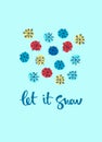 Let It Snow greeting card design. Hand lettering and colorful snowflakes Royalty Free Stock Photo