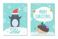 Let Snow Greeting Christmas Card Penguin Hedgehog