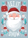 Let it snow hand lettering sign with hand drawn Santa Claus and holiday icons on light blue background with stars. Royalty Free Stock Photo